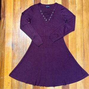 Nina Leonard Burgundy Lace Up Skater Sweater Dress Size L